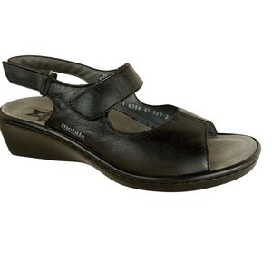Mephisto Mobils Black Leather Sandals Low Wedge Comfort Shoes Made In Portugal